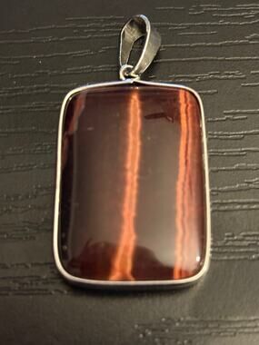 Vintage NOS Reddish Brown Rectangle Stone Pendant Silver Tone